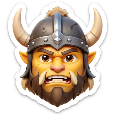 Clash of Clans style: Cinematic Fierce Barbarian Portrait Emoji, Poised and bold with a rugged, cartoonish build in tattered furs and a whimsical horned helmet, bright expressive eyes and a confident smirk, Simplified yet dynamic features, highly detailed, glowing with a vivid, adventurous aura, high shine, heroic and spirited, stylized with an air of medieval warrior charm, focused and energetic, soft glowing outline, capturing the essence of a fearless barbarian adventurer ready to lead his clan with spirited valor! sticker