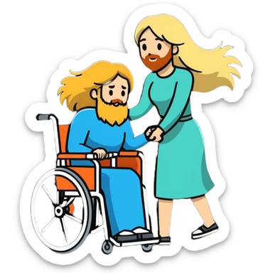Wheelchair bearded son being pushed by long haired blonde women sticker
