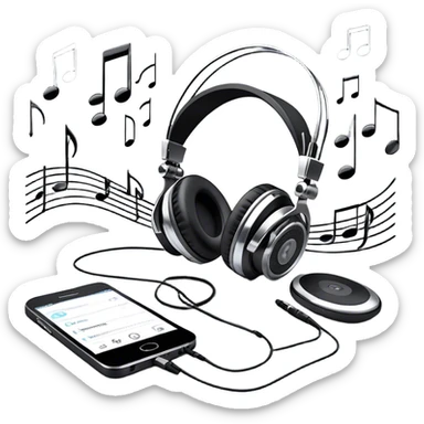 Icon for R&B Music Listening: a pair of high-quality headphones with a music player or speaker beside it, surrounded by musical notes and a subtle background of R&B-related elements like smooth grooves or a microphone. Transparent background. sticker