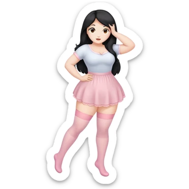 curvy black long hair and brown eyes, intimate bending over sfw light pink nylon stocking pose sticker