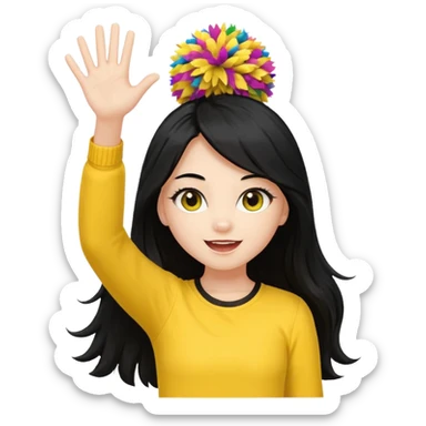 A long black hair teen girl waving pom-poms, eyes sparkling with excitement, yellow top sticker