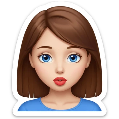 A girl with brown longish hair and very blue eyes sending a kiss sticker