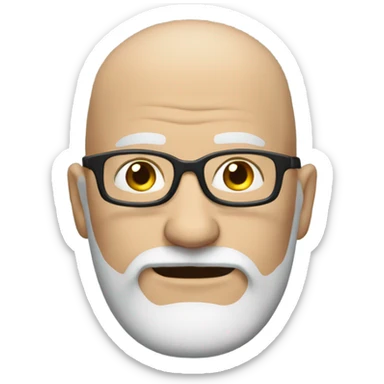 Bald middle aged white man with a salt and pepper beard and crooked glasses sticker