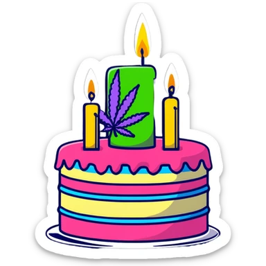 Festive birthday cake with cannabis leaf decorations and birthday candles sticker