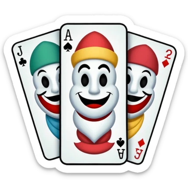 3 poker cards, with crazy colorful human jolly jokers inside, inversed face, cuphead style sticker