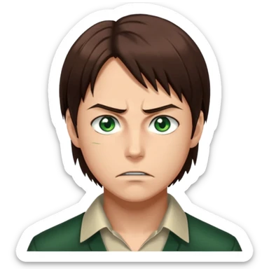 “Create an avatar that looks like Eren Yeager from Attack on Titan, Season 4 — sharp jawline, tied-back long brown hair, intense green eyes. sticker