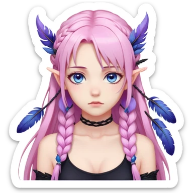 Gorgeous beautiful pretty grumpy anime lady long-pale-pastel-pink-hair with one braid on each side, purple-pink feather-ear-cuffs in hair, black bodysuit, blue eyes, pink iris, ethereal, fashion aesthetic  sticker