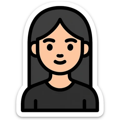 white girl, black long straight hair, brown eyes, dark eyebrows, small lips, black t-shirt sticker