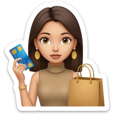 a pretty bratz fair indian girl wearing a beige sleeveless turtleneck, golden earrings, straight ling hair, holding bank cards, dark brown hair, carrying shopping bags sticker