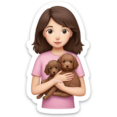 One girl with medium long dark brown hair dressing baby pink T-shirt, hugging One little brown coated labradoodle. sticker