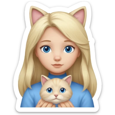 blonde girl with long blonde hair and blue eyes with chubby gray cat sticker