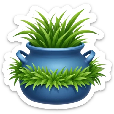 a small blue pot with grass leaves gathered in a pile of sticker