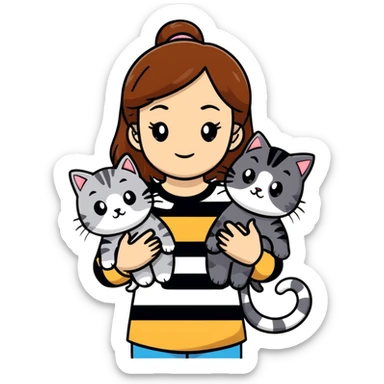 tan brown hair girl holding two black and grey striped cats sticker