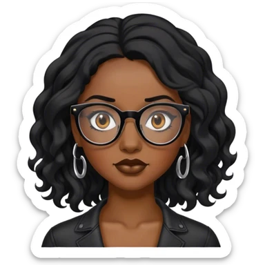 black female with long wavy black hair and black glasses with a eyebrow piercing  sticker