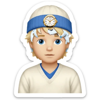 Create a look for a blond boy with long, tousled hair, light eyes, a white sweater, a wealthy appearance, blue eyes, and accessories like a Rolex or Cartier watch, and a cute face with messy hair down. blue eyes + + pajama white fluffy + cap fluffy sticker