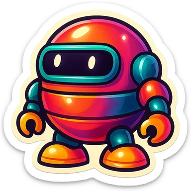 Render this spherical robot in retro stickers style, with bold outlines and vibrant colors, emphasizing a playful and nostalgic look typical of retro stickers. sticker