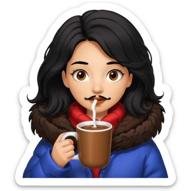 Tanned Girl with lashes , black hair, in an extremely big fluffy oversized jacket, and drinking hot chocolate drink sticker