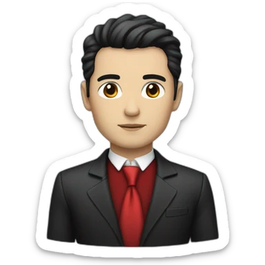 Boss, white skin, black hair, brown eyes, black jacket with red tie sticker