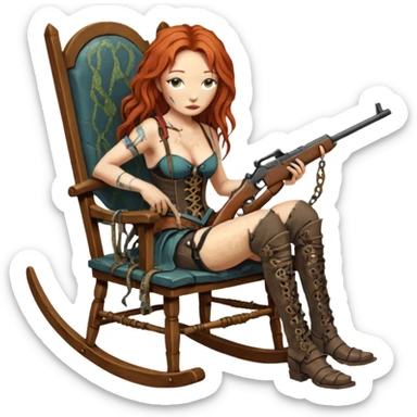 solarpunk ultra HD old and tired Tori Amos casually crouches on a rocking chair in a torn corset, holding a lintlock double-barreled rifle and with muddy feet. a bronze snake wrapped itself around the chair sticker