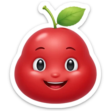 Cute round emoji mascot, shaped like a soft blob or jellybean, with two expressive eyes and a happy or clever smile. Entire body is colored in a warm cherry red (#e84a5f style), with no outline. Minimal facial features. Simple, friendly, and modern emoji-style character. Clean white background. sticker