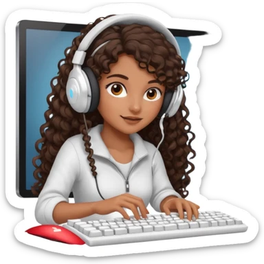 Brown skin Spanish girl with long dark curly hair, wearing a white gaming headset and playing on keyboard with a gaming mouse in one hand sticker