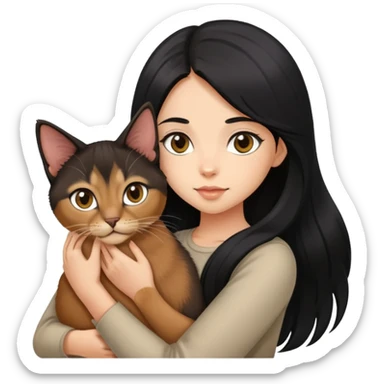 The girl with long black hair holding a Abyssinian cat sticker