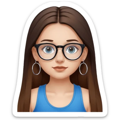 White girl with long straight brown hair and blue eyes wearing plastic frame glasses that go from black to clear ombré from top to bottom. Septum nose piercing and stud nose piercing on right side of nose. Wearing BLACK tank top. Wearing big hoop earrings  sticker