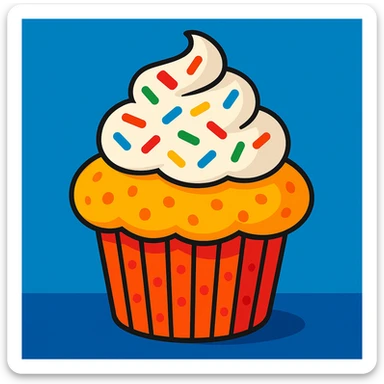 muffin topped with a swirl of whipped cream and rainbow sprinkles, vibrant and festive look sticker