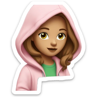 a girl with brown long hair, light beige skin, green eyes, is working relaxed at a modern laptop in a monochrome pale pink zip hoodie with a hood and a pink monochrome T-shirt sticker