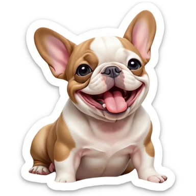 Cinematic Cute Yawning Pied French Bulldog Portrait Emoji, Head tilted with an exaggerated, endearing yawn and sleepy, squinty eyes, showcasing a unique pied fur of contrasting colors with a playful expression, simplified yet irresistibly adorable, highly detailed, glowing with a soft, cozy radiance, high shine, exuding a relaxed, humorous charm, styled with a gentle, soft glowing outline, capturing the essence of a Pied French Bulldog in a blissfully cute yawn that warms the heart! sticker