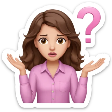 girl with wavy long brown hair, brown eyes, light to medium complexion, long lashes, light pink lipstick, wearing light pink shirt, shrugging with both hands, confused, question mark sticker