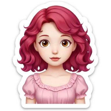 A pale girl with cherry red wavy hair and brown eyes, wearing a pink cute dress. sticker