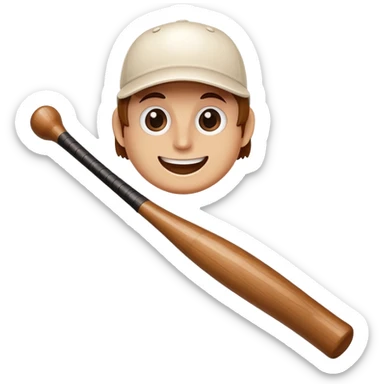 A wooden baseball bat with a friendly face including eyes, nose and smiling mouth sticker