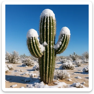 a cactus covered in snow in the desert, blue sky, winter atmosphere sticker
