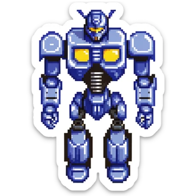 simple transformer robot in royal blue, black, and silver accents, pixel art style with an animated vibe sticker