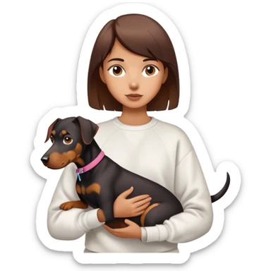A short-haired girl in a white sweatshirt is holding a big Doberman dog sticker