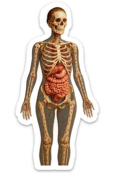 corpo umano anatomico di una donna affetta da fibromialgia, intestino anatomico realistico e red spot sparsi sulle sue ossa, iperrealistica 4k sticker