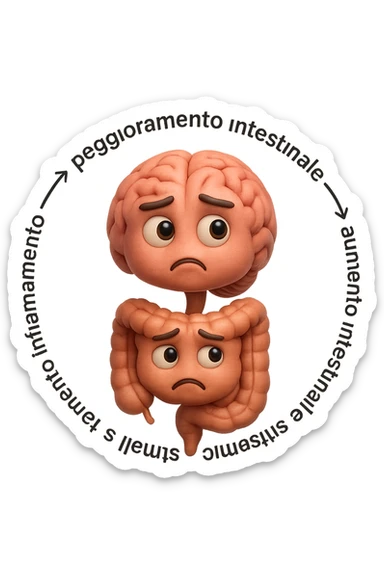 EMOJI STILE IPHONE 3D DI un cerchio con queste scritte che girano intorno "stress → peggioramento intestinale → aumento infiammazione → peggioramento sintomi intestinali e sistemici." al centro del cerchio metti un cervello e intestino umani collegati verticalmente con espressione dubbiosa in volto, FALLO MOLTO REALISTICO IN 3D sticker