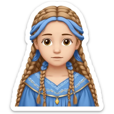 Joven de unos 20 años, de aspecto dulce y elegante.
Piel clara, ojosy expresivos, sonrisa triste.
Rubio o castaño claro, largo, con trenzas o velo.
-Vestido largo de tonos suaves (blanco, azul o lavanda), con bordados dorados; un manto o toca fina cubriendo la cabeza. sticker
