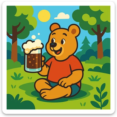 cartoon bear in a red t-shirt sitting on grass in a sunny forest clearing on a clear summer day, holding a glass mug of kvass with foam sticker