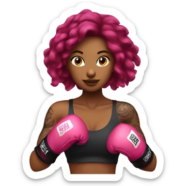 Beautiful tattooed  burgundy long haired woman boxing with pink gloves sticker