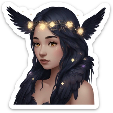 Black Raven wings bohemian girl Ethereal galaxy constellation girl angel raven wings black wings, gold arrow, nebula, flower crown, fairy lights, iridescent sticker