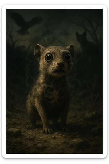 A hyperrealistic, cinematic illustration of a small wild animal, such as a rabbit or a meerkat, with wide, alert eyes and tense body posture, standing in a dry, rugged environment with predators lurking in the shadows. The animal's chest is visibly rising and falling rapidly, representing short, shallow breathing due to constant fear and vigilance. The background is dimly lit, with faint shadows of predators like hawks or foxes barely visible, symbolizing the ever-present threat. Around the animal, subtle visual representations of tension and stress appear as tight, dark rings or smoke near its chest and head, while the environment feels heavy and oppressive. The color palette is muted earth tones, with sharp focus on the animal’s tense face and rapidly moving chest, while the environment around is slightly blurred, emphasizing the feeling of isolation and perpetual fear. The style is 35mm film hyperrealistic with a storytelling, National Geographic documentary aesthetic, capturing the concept of an animal constantly living in fight-or-flight, breathing fast and shallow to survive sticker