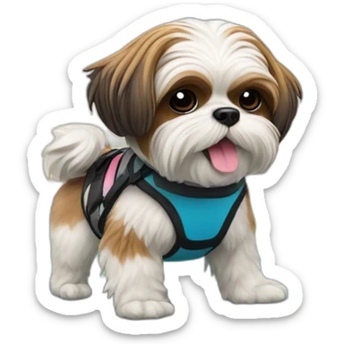 A Shih Tzu character in NFT style riding a wakeboard with a resort in the background. sticker