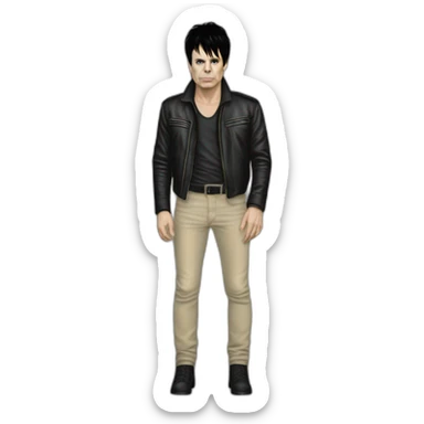 photo realistic, full body, Gary Numan in 1980, playing, Mini Moog, standing up, front view sticker