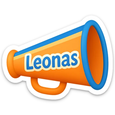 cheerleading megaphone in orange, blue and white colors, with the word 'Leonas' visible, colorful and cheerful icon style sticker