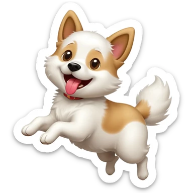 A happy cartoon dog jumping with excitement, mid-air, tongue out, tail wagging, simple and expressive emoji style sticker