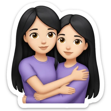sisters hug, black long hair light medium skin sticker