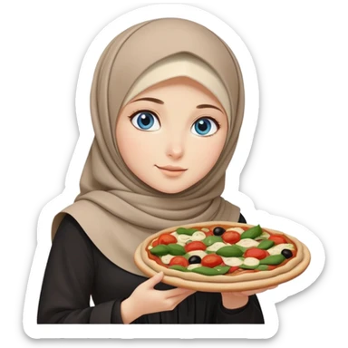 Turkish beautiful finish Konya girl blue eyes with beige and black hijab islamic dress and had on her hand vegetable pizza sticker