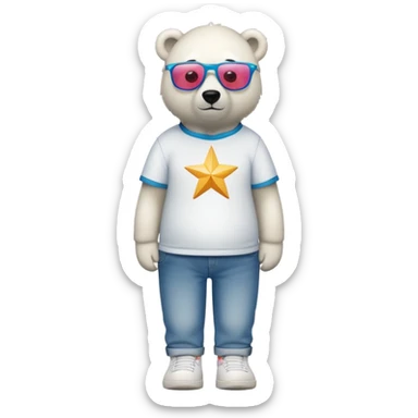 friendly anthropomorphised polar bear standing upright, looking chilled and unbothered, wearing a shirt, jeans, trainers, oversized colorful star glasses sticker
